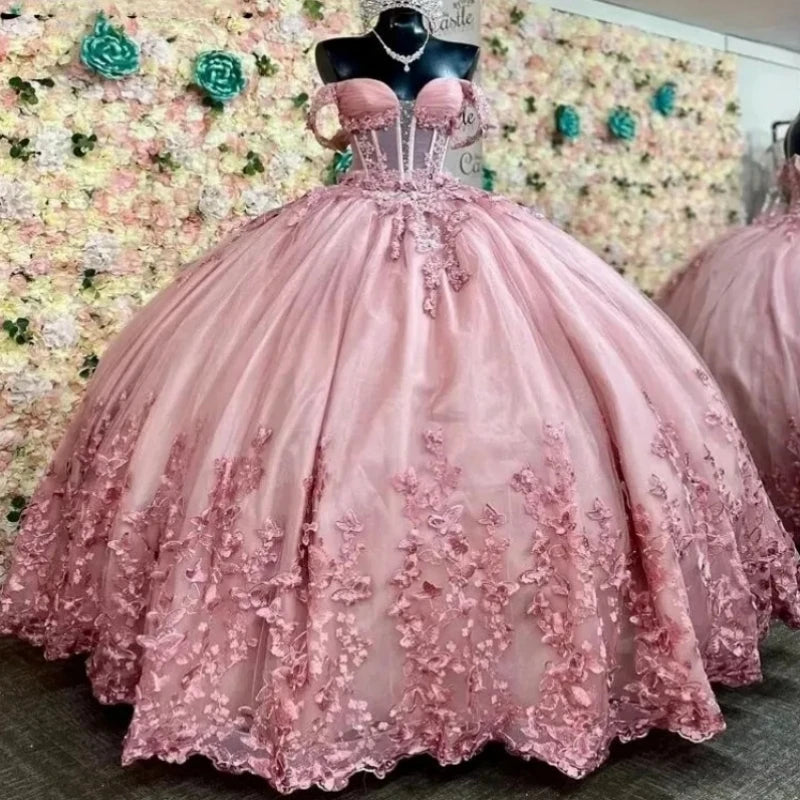 Saudi Arabic Cinderella Women Prom Dresses Off Shoulder Flower Applique Puffy Skirt Vestido De 15 Anos Quinceanera Party Dress