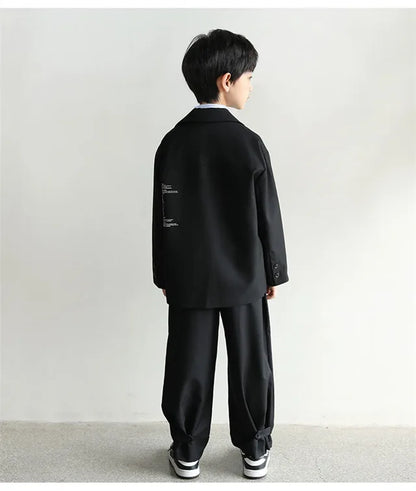 autumn boys suit clothes set Korean Letter Blazer+Striped shirt+tie+pants 4pcs 4-16 kids Boy Dress clothing outfits