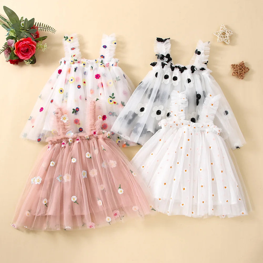 2024 New Baby Girl Clothes Multi Coloured Embroidered Floral Mesh Camisole Cute Baby Girl Dress Party Princess Fluffy Dresses