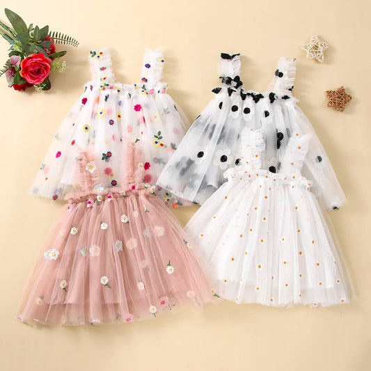 2024 New Baby Girl Clothes Multi Coloured Embroidered Floral Mesh Camisole Cute Baby Girl Dress Party Princess Fluffy Dresses