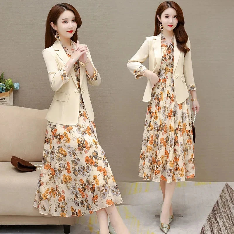 2023 New Blazer Dress Women's Spring and Autumn Fragrant Flower Dress Two-Piece Suit Mother Dresses Party Vestidos Summer Dress