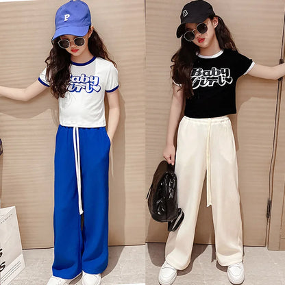 Summer New Fashion Teen Girls Clothing Sets Children Letter Tops + Wide Leg Pants 2Pcs Outfits Kids Tracksuit 4 6 8 10 12 Years