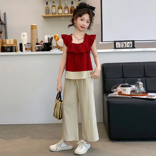 New Summer Girls Clothes Sets Baby Girl Flying Sleeve Shirt+Loose Pants Suit Teen Kids Clothing Square Collar Children's Outfits