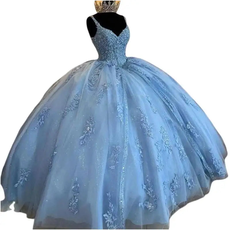 Charming Light Blue Women Prom Special Occasion Dresses V Neck Lace Applique  ballkleider Sweet 16 Birthday Party Quinceanera 15