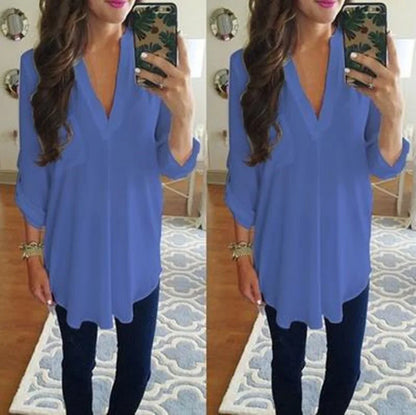 2024 Summer Loose Maternity V-Neck Blouse Long Sleeve Shirt Pullover Tops Chiffon Female Women Solid T-Shirt Streetwear Clothing