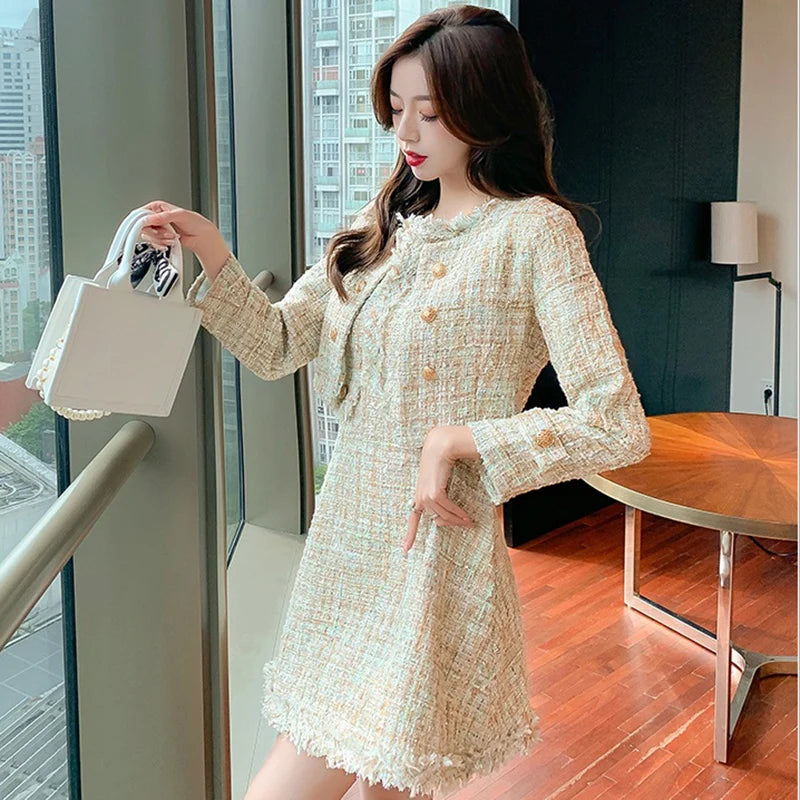 Tweed Jacket +Dress Sleeveless Suit Spring Autumn Women Jacket Fresh Striped O-Neck Vintage Office For Girls 2 Pieces Skirt Suit