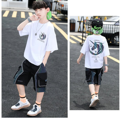 Summer Teenage Boy Reflective Cartoon Print Clothes Set Children Girls Tshirts and Shorts Suit Kid Top Bottom Outfits Tracksuit