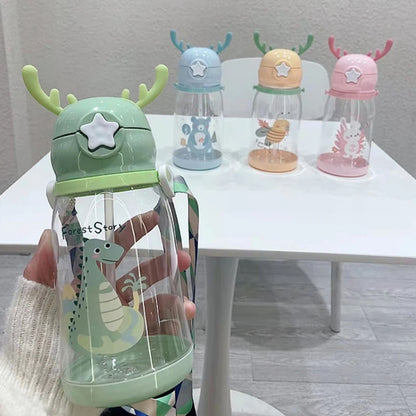 Lovely Antler Kids Water Sippy Cup Creative Cartoon Baby Cups with Straws Leakproof Water Bottles Outdoor Childrens Cup BPA Free