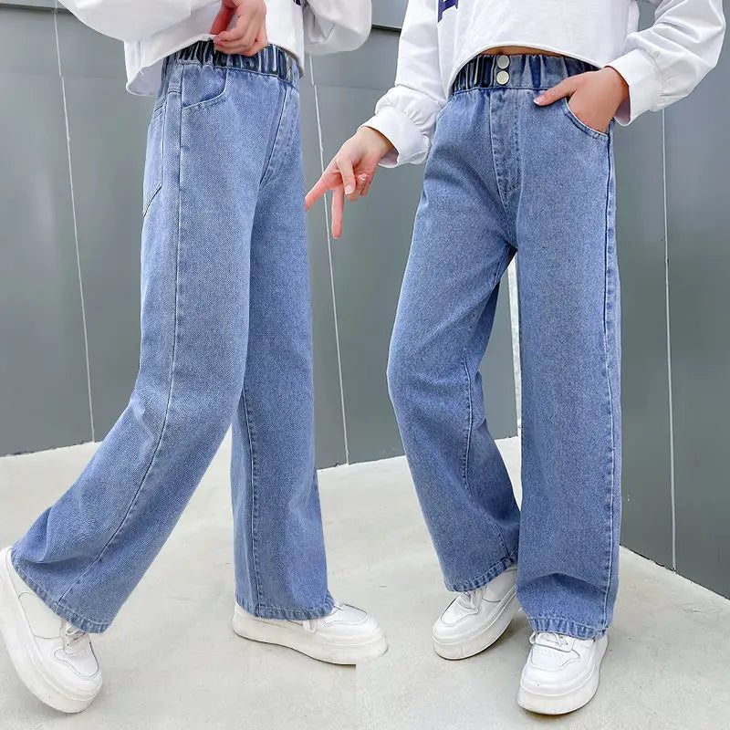 2023 Big Teens Girl Wide Leg Jeans Kids Girls Denim Pants Children Outwear Long Trousers Girl Clothing Fall Spring 4-12Years