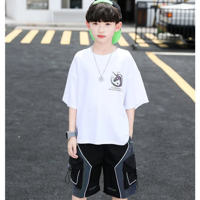 Summer Teenage Boy Reflective Cartoon Print Clothes Set Children Girls Tshirts and Shorts Suit Kid Top Bottom Outfits Tracksuit