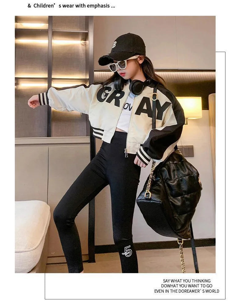 Girls Fashion Jacket 2024 New Teen Spring Autumn Coats Kids Letter Zipper Trends Windbreaker 4-14 Years Children Casual Clothing