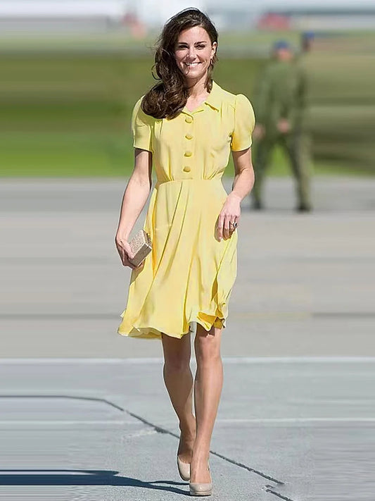 Kate Middleton Princess New Summer High Quality Women'S Yellow Button Office Party Runway Casual Elegant Chic Slim Midi Dress