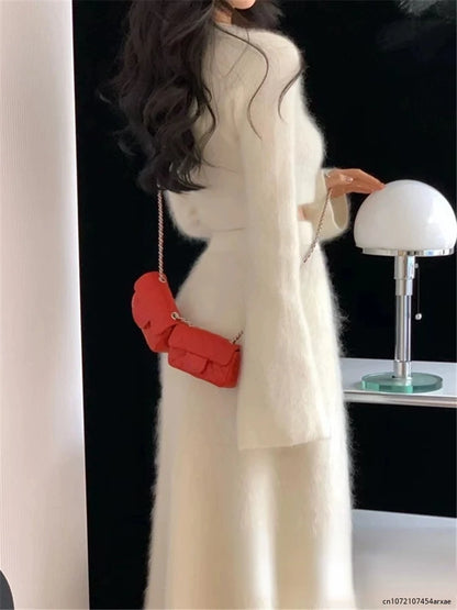 Two Piece Set for Women 2024 Autumn Winter New Imitation Mink Velvet O Neck Sweater Top Suits Fashionable Slim Fit Dress Sets