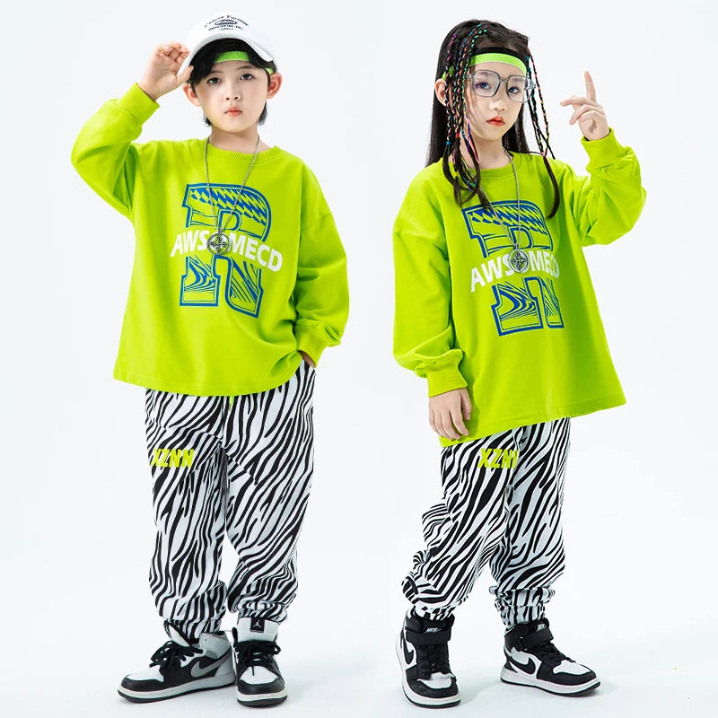 Joggers Pants For Girl Boy Jazz Dance Costume Show Clothes Kids Teenage Outfits Hip Hop Clothing Oversize Green Sweatshirt Zebra