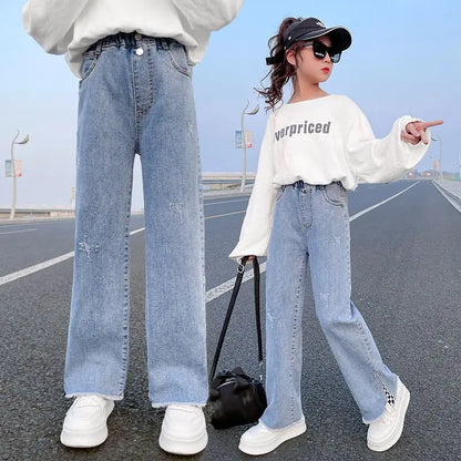 2023 Big Teens Girl Wide Leg Jeans Kids Girls Denim Pants Children Outwear Long Trousers Girl Clothing Fall Spring 4-12Years