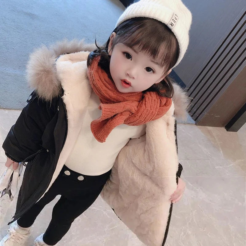 2-8 Years Baby Girls Coat 2024 Hooded Plus Velvet Thicken Warm Winter Kids Jacket Windbreaker Teen Children's Outerwear Clothing