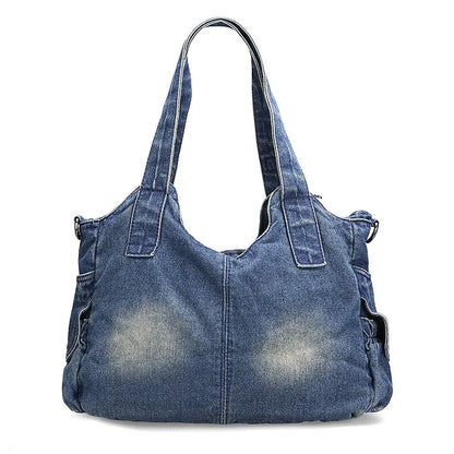 Large Capacity Handbag Casual Hobo Denim Bag Women Shoulder Bag Jeans Multiple Pockets Tote Bag