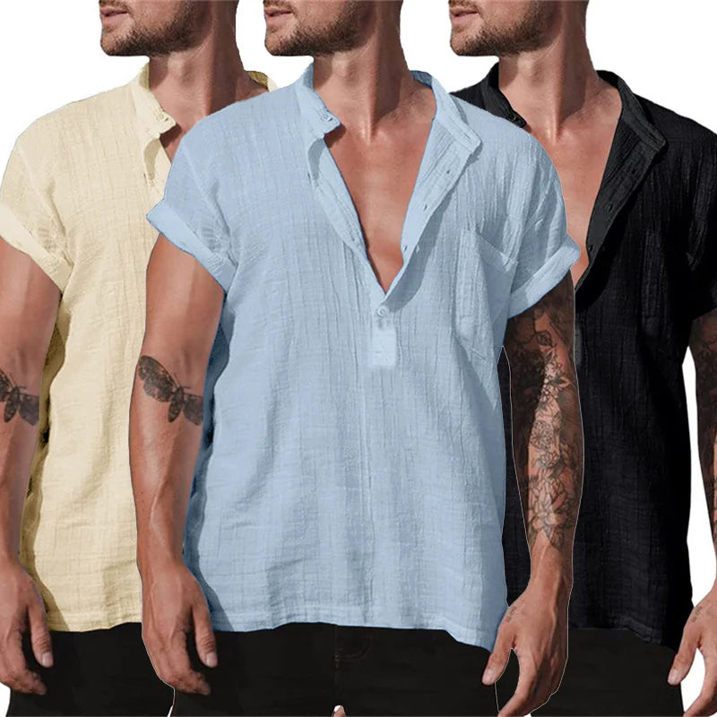 Summer Short Sleeve Formal Shirt Male Elegant Linen Shirts Blouses Loose White Social Shirts Man Pocket Casual Top Men Clothing