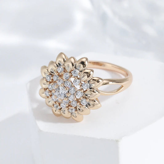 Luxury Full Zircon Geometric Flower Rings For Women 585 Rose Gold Color Exaggerated Vintage Jewelry Party Daily Personality Ring