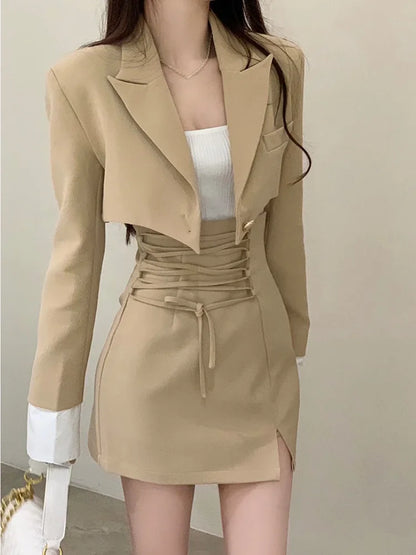 2 Piece Dress Set Women Casual Y2k Crop Tops Elegant Jacket Coats + Mini Skirts Korean Fashion Suits 2024 Spring Blazers Dress