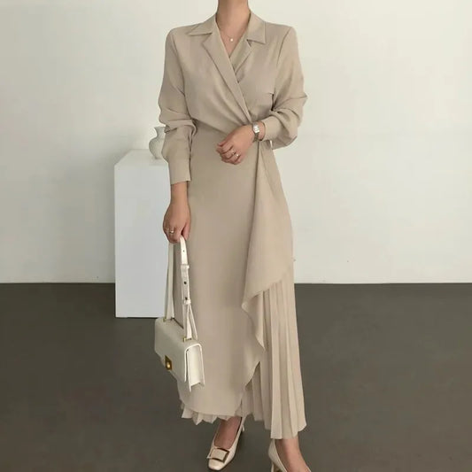 Dresses For Women 2023 Pleated Formal Elegant Shirt Long Dress Office Lady Muslim Vintage Solid Color Suit Evening Vestido