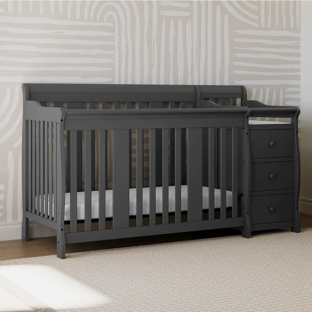 Convertible Crib and Changer (Gray) – Crib and Changing Table Combo with Drawer, Converts to Toddler Bed, Daybed and F