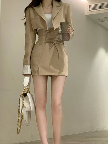 2 Piece Dress Set Women Casual Y2k Crop Tops Elegant Jacket Coats + Mini Skirts Korean Fashion Suits 2024 Spring Blazers Dress