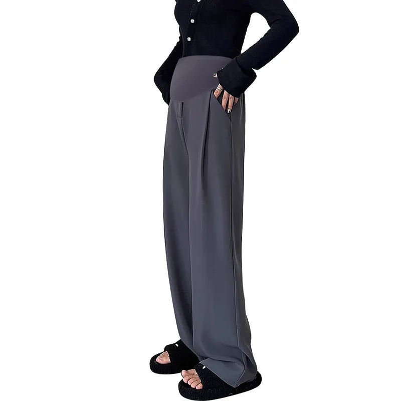 2024 Pregnant Women's Maternity Clothings New Wide Leg Suit Pants Casual Slimming Pants Simple Straight Leg Long Pants Gray