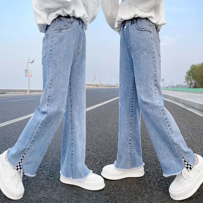 2023 Big Teens Girl Wide Leg Jeans Kids Girls Denim Pants Children Outwear Long Trousers Girl Clothing Fall Spring 4-12Years