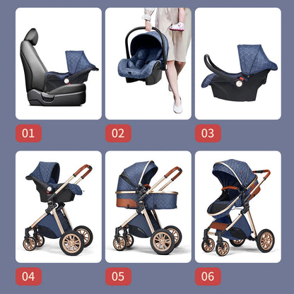 Luxury Baby Stroller 3 in 1 High Landscape Baby Cart Can Sit Can Lie Portable Pushchair Baby Cradel Infant Carrier