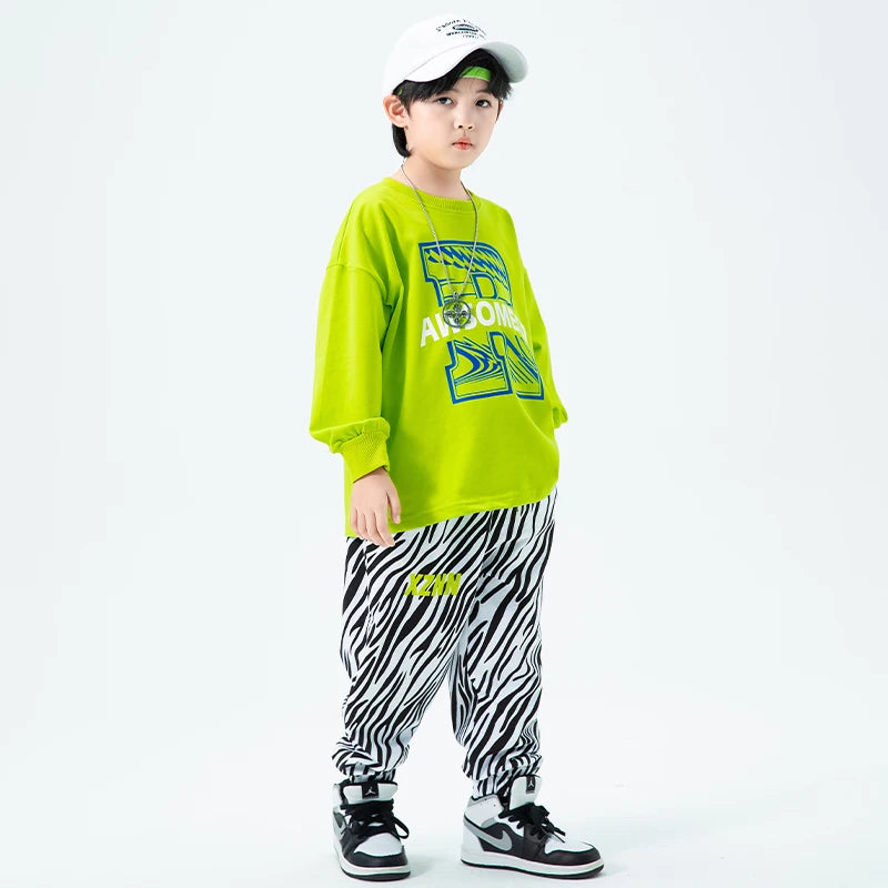 Joggers Pants For Girl Boy Jazz Dance Costume Show Clothes Kids Teenage Outfits Hip Hop Clothing Oversize Green Sweatshirt Zebra