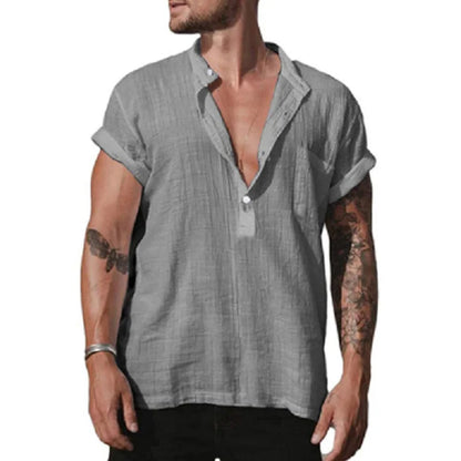 Summer Short Sleeve Formal Shirt Male Elegant Linen Shirts Blouses Loose White Social Shirts Man Pocket Casual Top Men Clothing