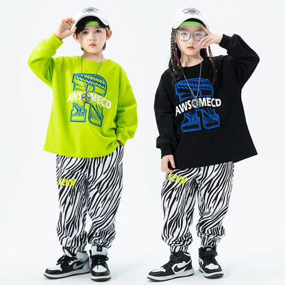 Joggers Pants For Girl Boy Jazz Dance Costume Show Clothes Kids Teenage Outfits Hip Hop Clothing Oversize Green Sweatshirt Zebra