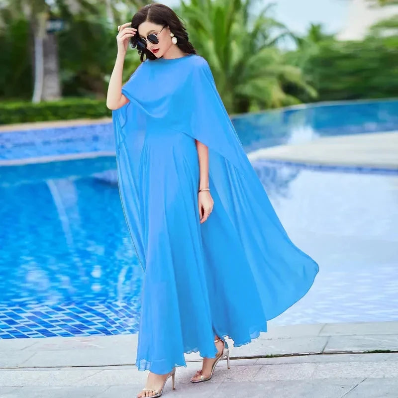 Shawl Dress Suit/Sun Protection Women Chiffon Dress Mother And Dress Two Piece Suit Bohemian Big Swing Long Dress Holiday Dress