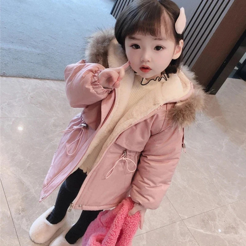 2-8 Years Baby Girls Coat 2024 Hooded Plus Velvet Thicken Warm Winter Kids Jacket Windbreaker Teen Children's Outerwear Clothing