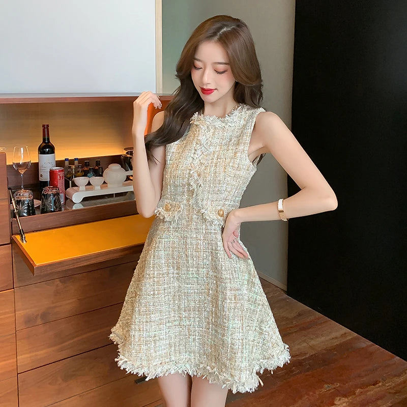 Tweed Jacket +Dress Sleeveless Suit Spring Autumn Women Jacket Fresh Striped O-Neck Vintage Office For Girls 2 Pieces Skirt Suit