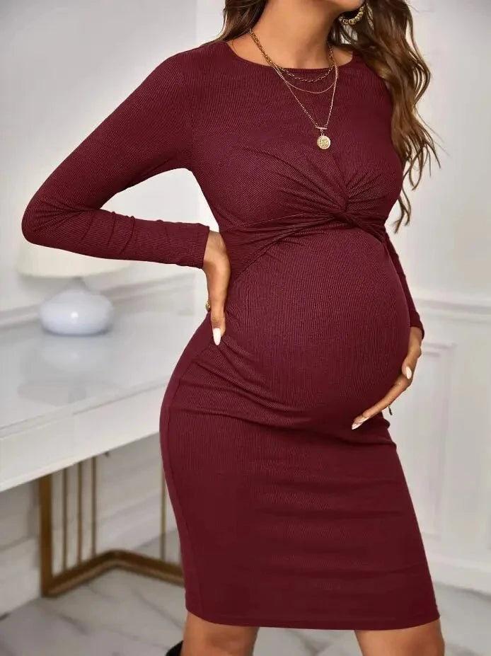 Solid Maternity Long Sleeve Dresses 2023 Autumn Pregnant Women Criss Cross Knitted Dress Premama Clubwear Bodycorn Clothing