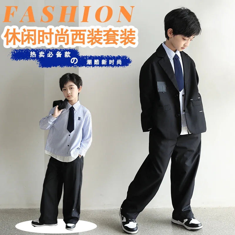 autumn boys suit clothes set Korean Letter Blazer+Striped shirt+tie+pants 4pcs 4-16 kids Boy Dress clothing outfits