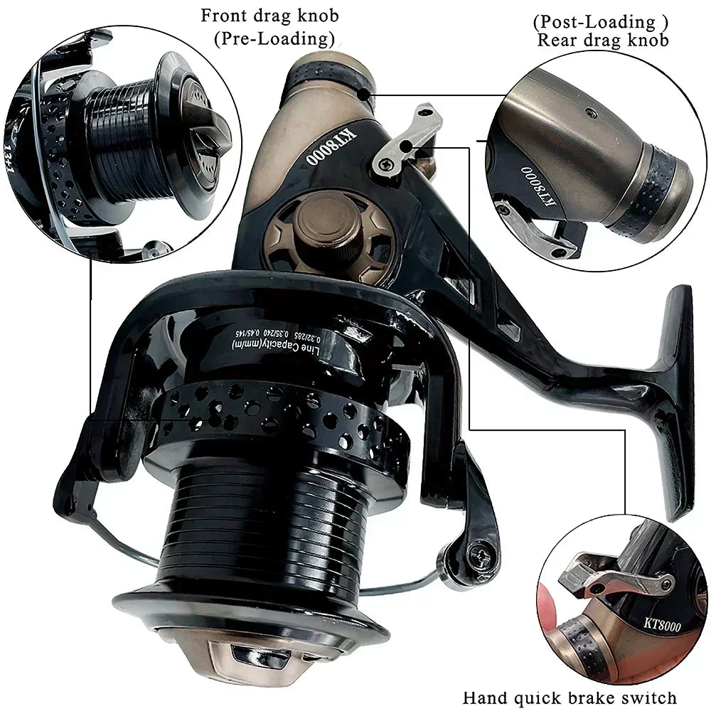 Front Rear Double Brake Max 13-23 KG Drag Super Strong Carp Feeder Spinning Fishing Reel Metal Spool