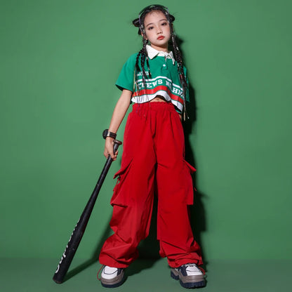 Kids Cometitions Hip Hop Clothing Crop Polo Tshirt Red Baggy Cargo Pants For Girls Jazz Showing Dance Costume Teenage Clothes