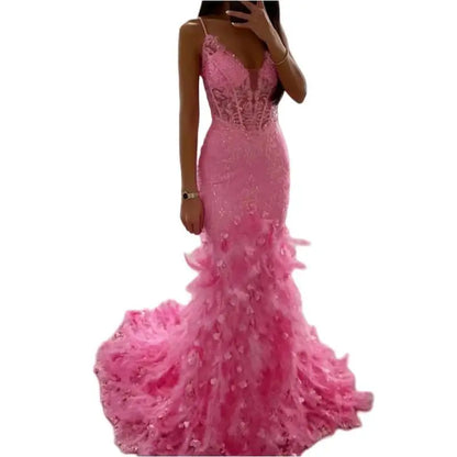 Luxury Pink Meramid Formal Occasion Dresses For Special Events 2024 V Neck Lace Feather Long Women Evening Wedding Party Gown