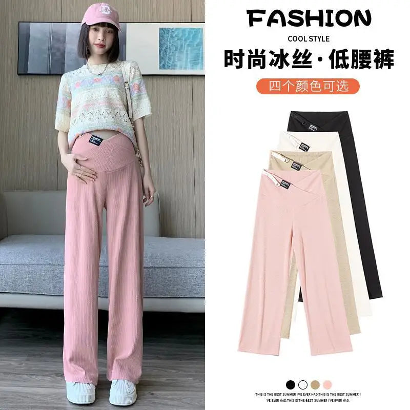 Pregnant Women 2024 Summer Ice Silk Low Waist Wide Leg Mother & Kids Pants (Maternity Clothings  Cross Waist Pants Size M-3XL