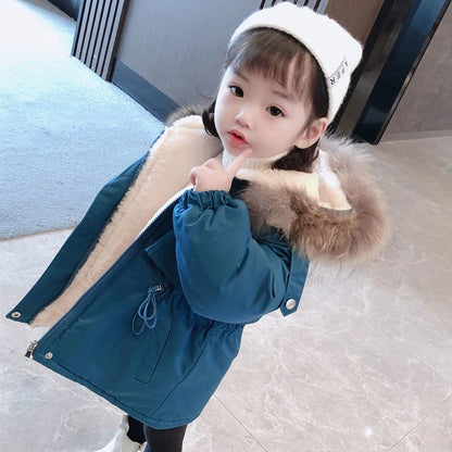 2-8 Years Baby Girls Coat 2024 Hooded Plus Velvet Thicken Warm Winter Kids Jacket Windbreaker Teen Children's Outerwear Clothing