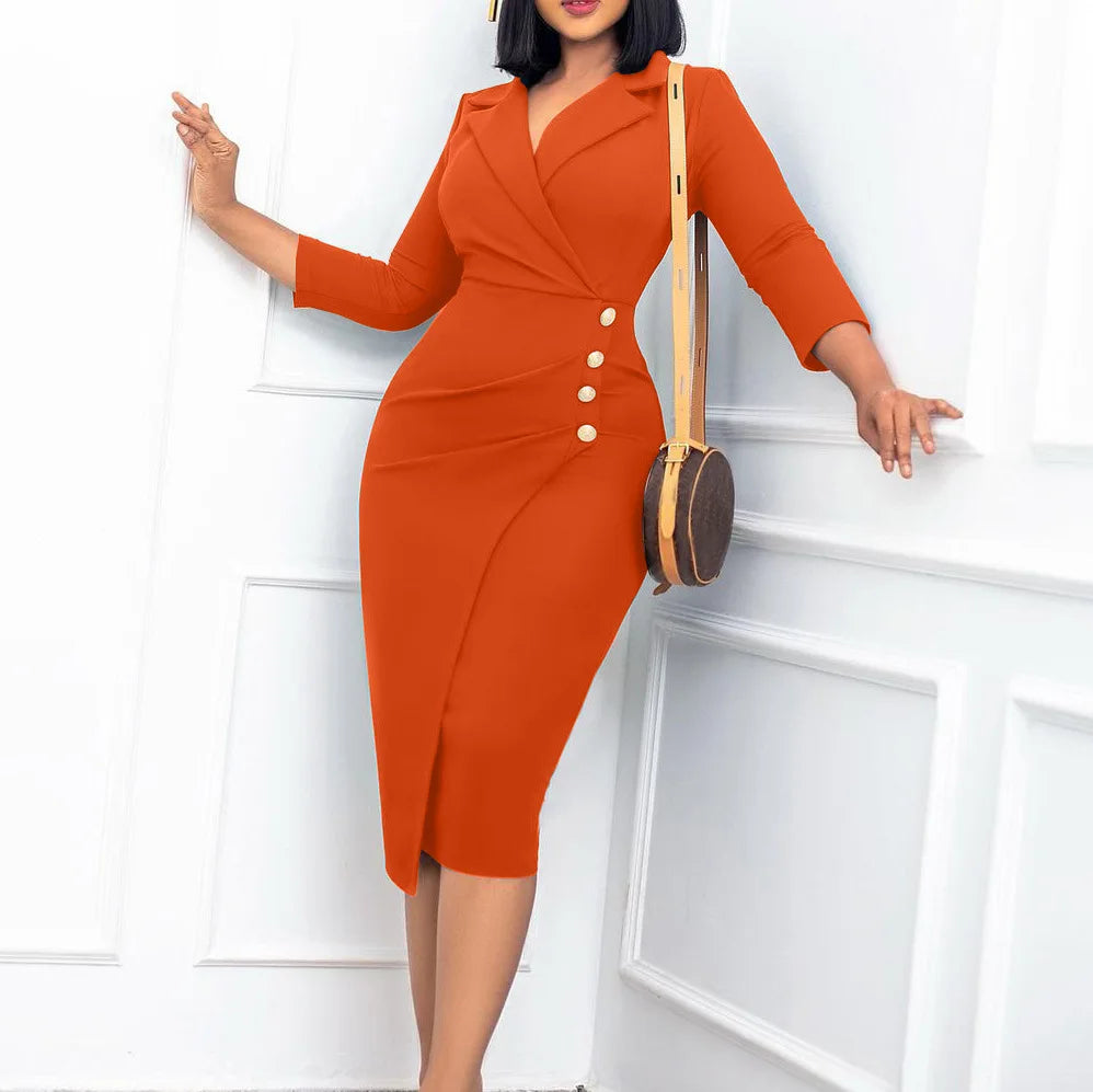 Elegant Commuter Dresses Women Suit Collar 3/4 Sleeve High Waist Bodycon Slim Fit Robes Buttons Slit Office Work Wear Vestidos