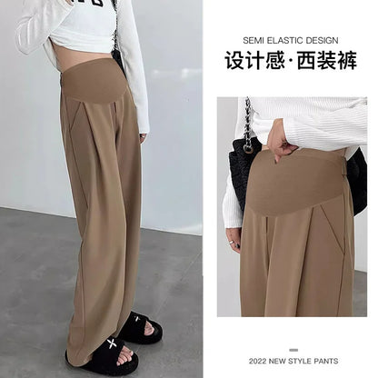 2024 Pregnant Women's Maternity Clothings New Wide Leg Suit Pants Casual Slimming Pants Simple Straight Leg Long Pants Gray