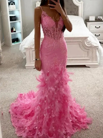 Luxury Pink Meramid Formal Occasion Dresses For Special Events 2024 V Neck Lace Feather Long Women Evening Wedding Party Gown