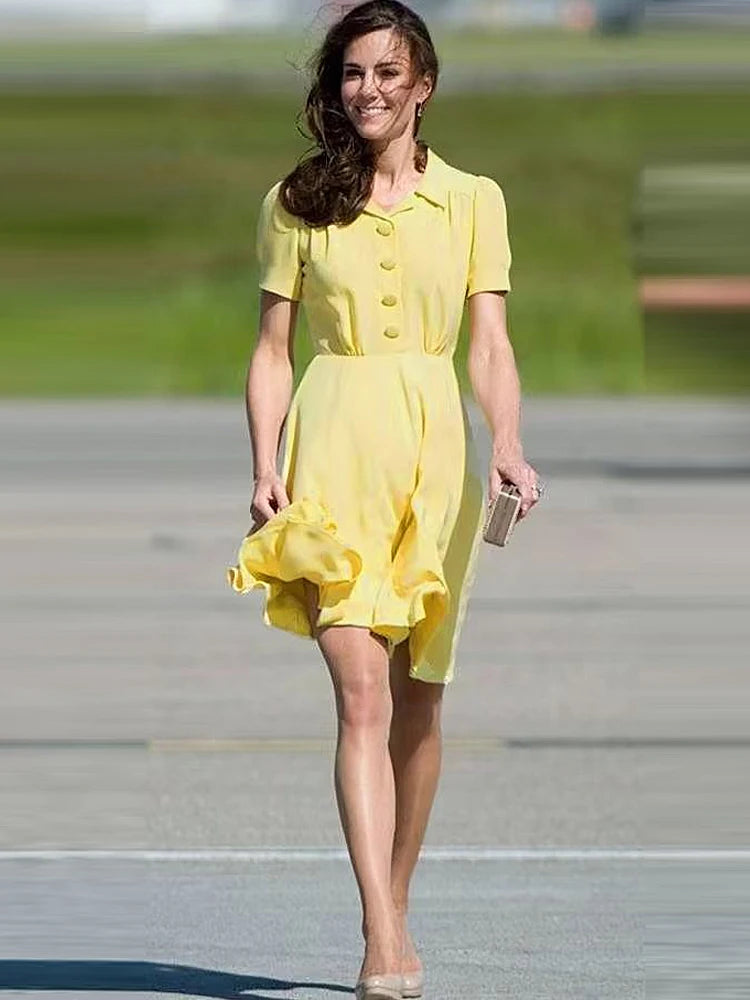 Kate Middleton Princess New Summer High Quality Women'S Yellow Button Office Party Runway Casual Elegant Chic Slim Midi Dress